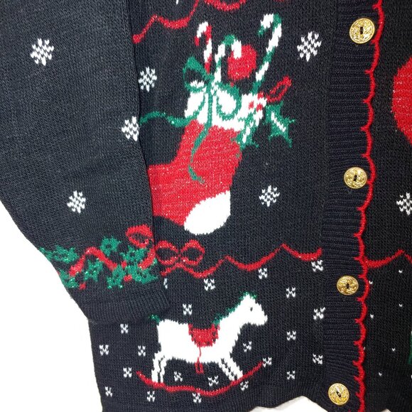 Vintage Nutcracker Embroidered Christmas Lurex Knit Sweater Cardigan Sz L Black - Picture 3 of 5